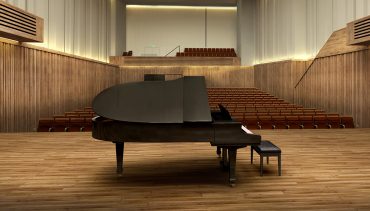 Image of The Stoller Hall from the stage, with a piano