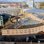 Chetham's New School Building, from the air, opposite Manchester Arena