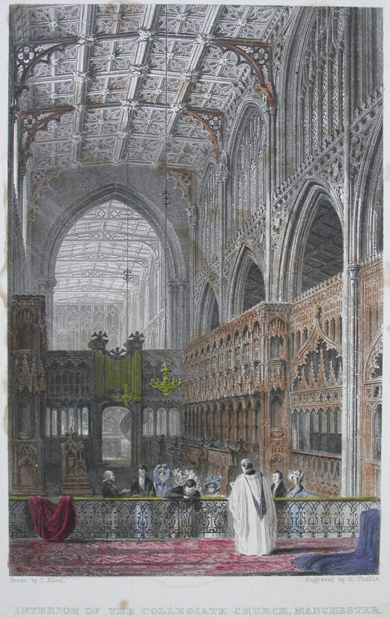 Engraving of a 19th century wedding at the high altar of Manchester Cathedral