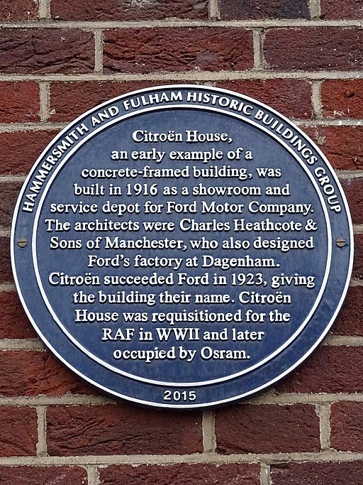 Photo of plaque commemorating Heathcote as architect of Citroen House, Hammersmith