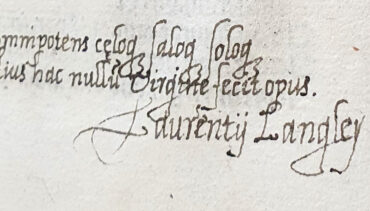 Manuscript verse and signature of Laurence Langley, 1603