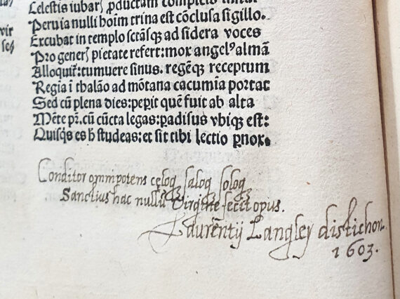 Photo of Laurence Langley's signature and verses on the Blessed Virgin Mary