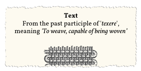 Scan of exhibition card for Chetham's Library, giving the derivation of the word Text from the past participle of the Latin verb taxer, to weave.