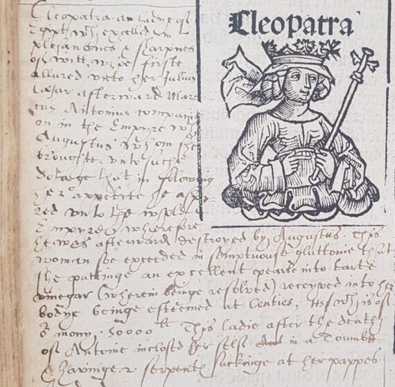 Photo of page of Chetham's Library's copy of the Nuremberg Chronicle with a woodcut of Queen Cleopatra and manuscript commentary about her in the margin.