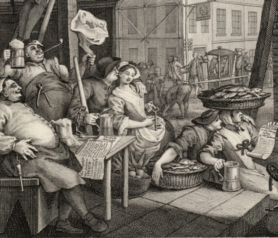 Detail of a scan of Hogarth's engraving 'Beer Street'.