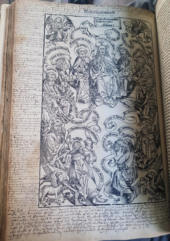 Photo of page of Chetham's Library's Nuremberg Chronicle including manuscript notes at the foot describing the river Nile.