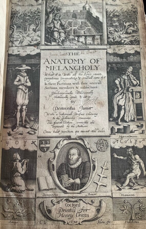 Photo of engraved title page of Burton's Anatomy of Melancholy, 1632