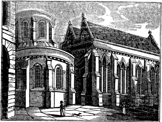 Photo of woodcut illustration of the Temple Church, London