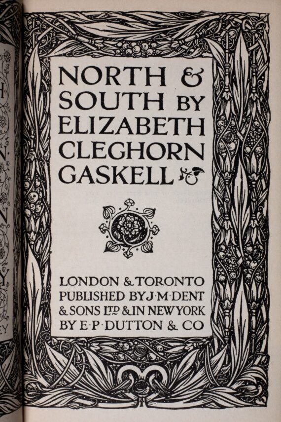 The title page of a copy of Elizabeth Gaskell’s North and South. The title, author’s name and publisher’s details appear within a decorative woodcut border.