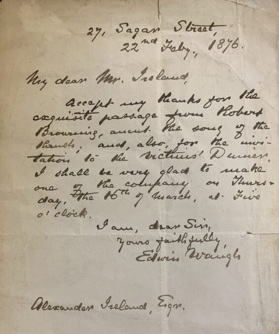 A handwritten letter in black ink, addressed to a Mr Ireland from Edwin Waugh.