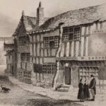 A print depicting the Sun Inn, a leaning timber-framed building. Two stone steps lead up to the door, above which is a sign reading ‘Poets’ Corner’; next to that is another sign depicting a sun with a face.