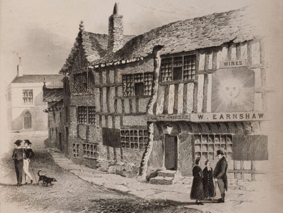 A print depicting the Sun Inn, a leaning timber-framed building. Two stone steps lead up to the door, above which is a sign reading ‘Poets’ Corner’; next to that is another sign depicting a sun with a face.
