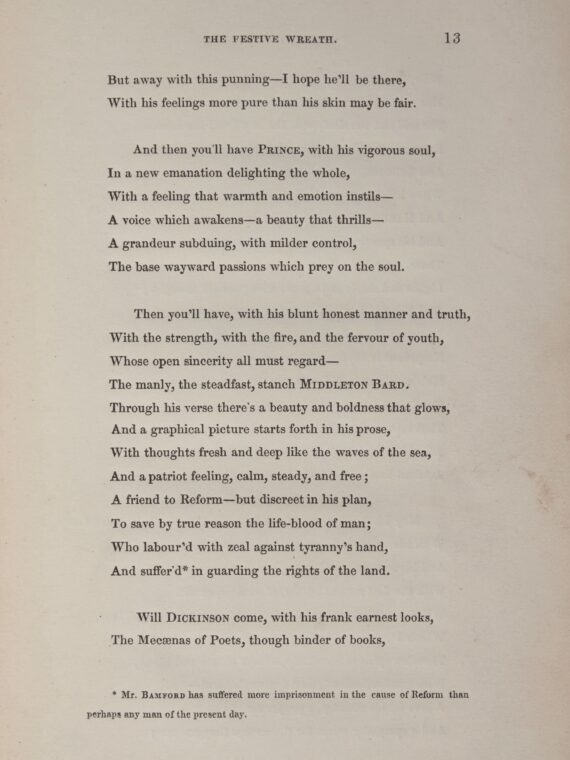Part of George Richardson's poem 'A Poetical Replication'. Shown are verses describing Robert Rose, John Critchley Prince, Samuel Bamford and William Dickinson.