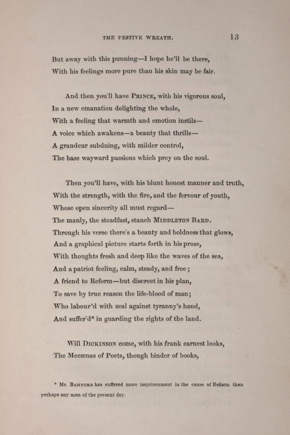 Part of George Richardson's poem 'A Poetical Replication'. Shown are verses describing Robert Rose, John Critchley Prince, Samuel Bamford and William Dickinson.