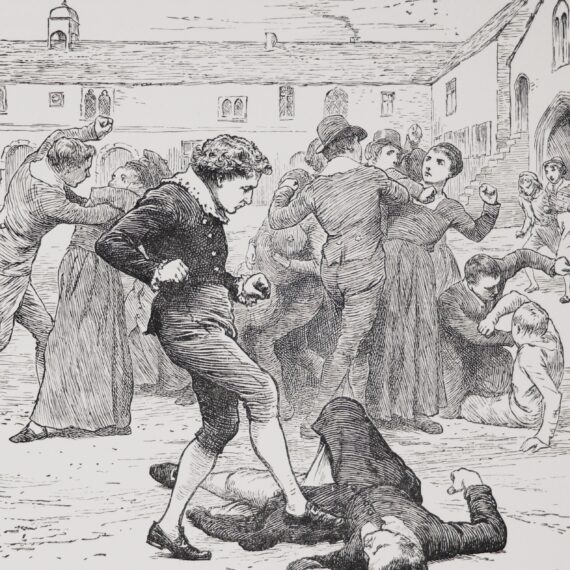A print depicting a fight between schoolboys in the yard of Chetham's Hospital (now Chetham's Library). One of the boys is kicking another boy who has fallen.