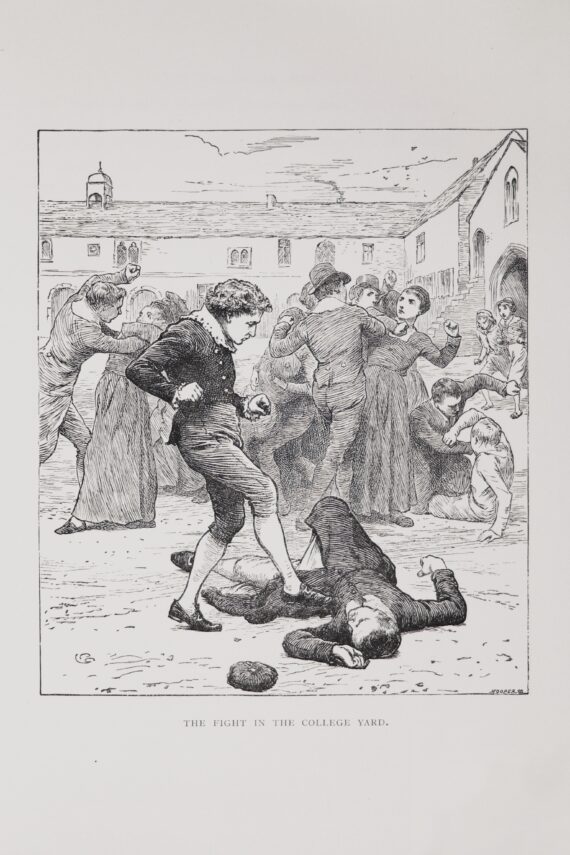 A print depicting a fight between schoolboys in the yard of Chetham's Hospital (now Chetham's Library). One of the boys is kicking another boy who has fallen.
