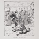 A print depicting a fight between schoolboys in the yard of Chetham's Hospital (now Chetham's Library). One of the boys is kicking another boy who has fallen.