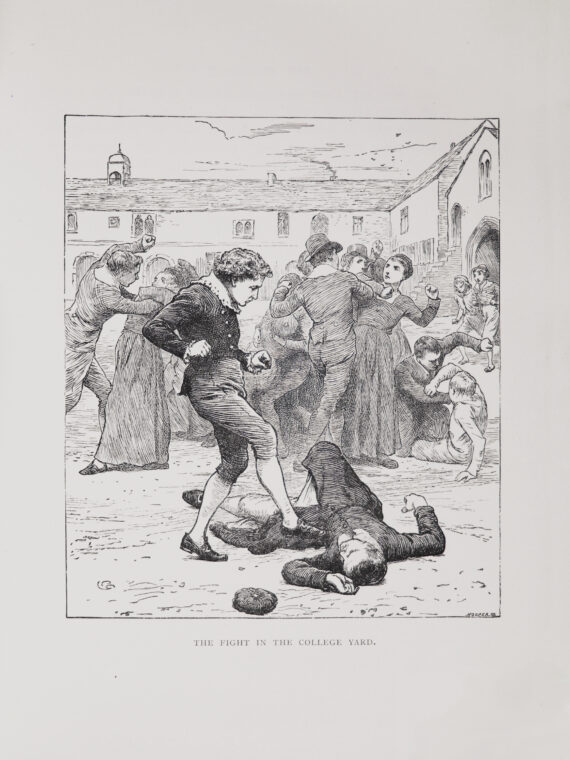 A print depicting a fight between schoolboys in the yard of Chetham's Hospital (now Chetham's Library). One of the boys is kicking another boy who has fallen.
