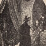 An engraved print depicting a room. A man wearing a wearing a black cloak and a conical hat with a brim and feather stands in the centre. Two figures are seated to the right of him, and in front of him, a skeleton is visible behind a parted curtain.