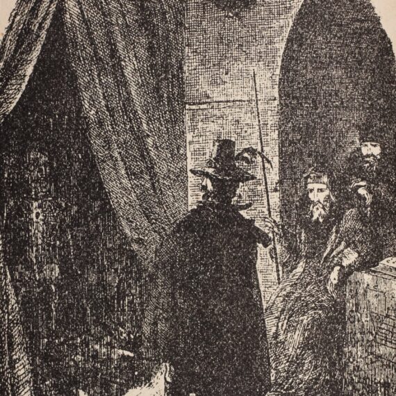 An engraved print depicting a room. A man wearing a wearing a black cloak and a conical hat with a brim and feather stands in the centre. Two figures are seated to the right of him, and in front of him, a skeleton is visible behind a parted curtain.