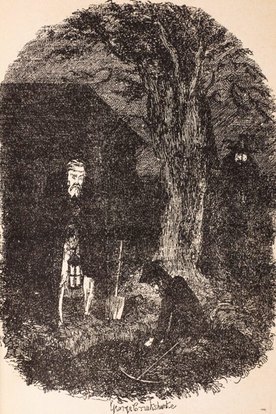 An engraved print depicting a graveyard. A figure in black stands in an open grave with a pickaxe to the side, while another man in a black cloak and cap and holding a lantern watches over him. From behind a tree, a third figure wearing a conical hat with a brim and feather observes the scene.