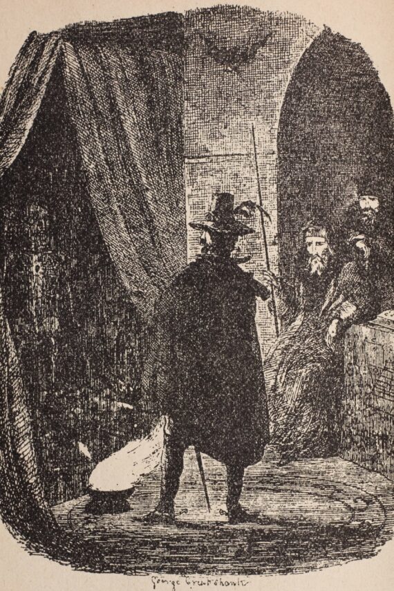 An engraved print depicting a room. A man wearing a wearing a black cloak and a conical hat with a brim and feather stands in a circle drawn on the floor with a brazier in front of him. Two figures are seated to the right of him, and in front of him, a skeleton is visible behind a parted curtain. 