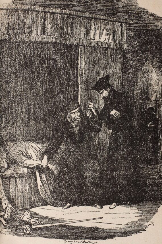 An engraved print depicting a room. A man in a white shirt lies in a bed. A man wearing a long fur-lined robe and a cap crouches by him with a flask in hand, and converses with another man wearing a long black robe.