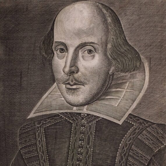 An engraved portrait of William Shakespeare.