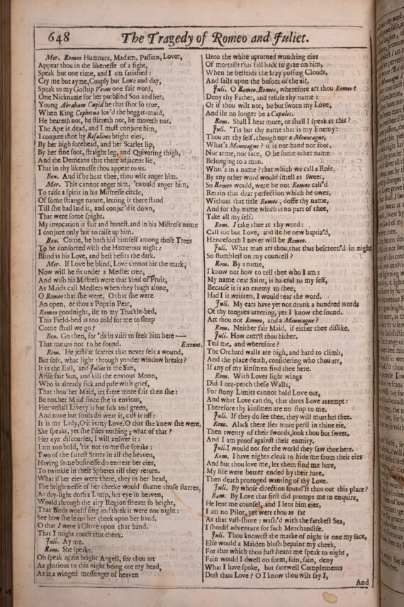 A page from the Third Folio containing the balcony scene from Romeo and Juliet.