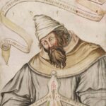 A painted manuscript illustration of a bearded man wearing a conical hat and loose robes