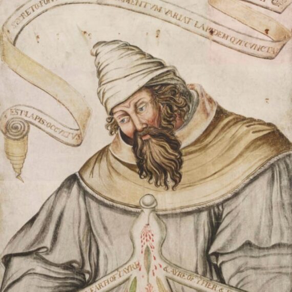 A painted manuscript illustration of a bearded man wearing a conical hat and loose robes