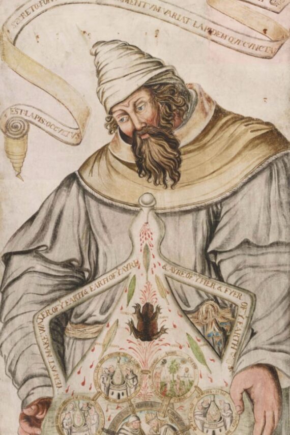 A painted manuscript illustration of a bearded man wearing a conical hat and loose robes. In his hands is a large glass vessel with two handles, containing eight circles with figures inside. Each circle is linked by a chain to a central circle containing two men holding a book.