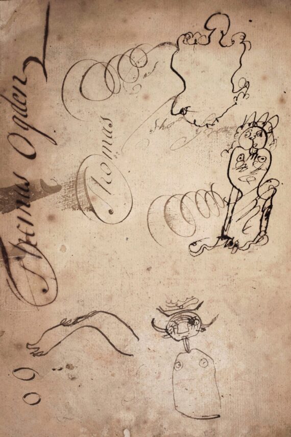 A blank page featuring several drawings of strange creatures, executed poorly with a quill. The page is also annotated with the words ‘Thomas’ and ‘Thomas Ogden’.