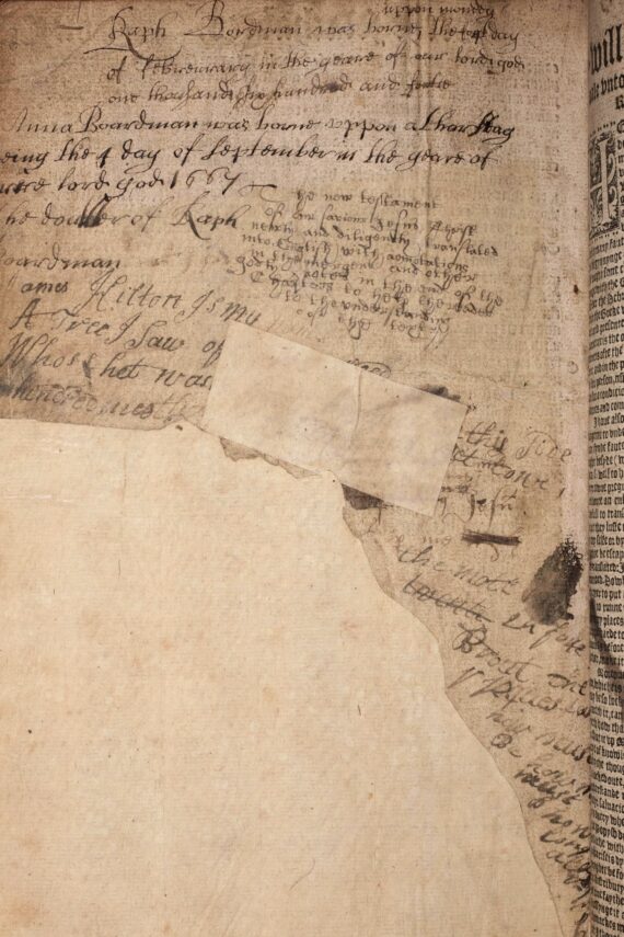 A blank page featuring several handwritten annotations. One such annotation at the top of the page begins ‘Raph Boardman was born…’, and another below it begins ‘Anna Boardman was born…’.