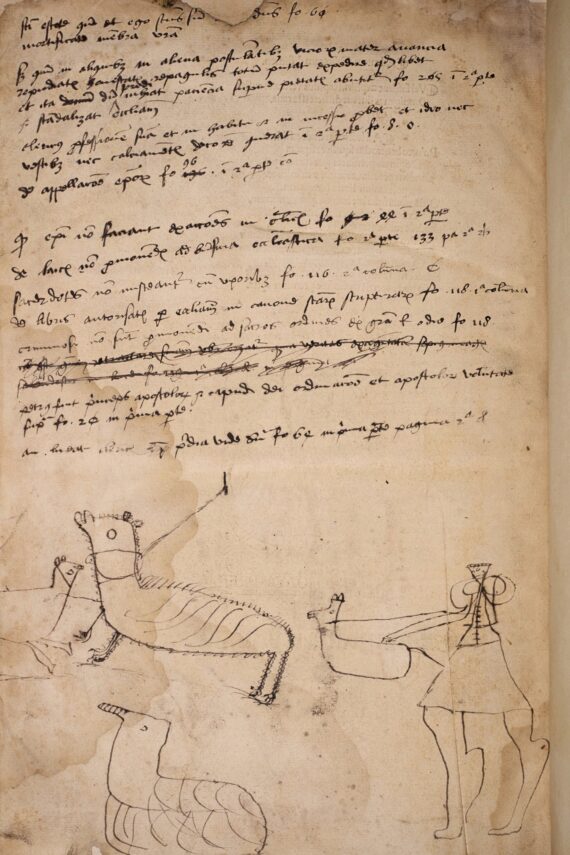 A page featuring largely illegible handwritten text, beneath which are drawings of horses and a person, executed poorly with a quill.
