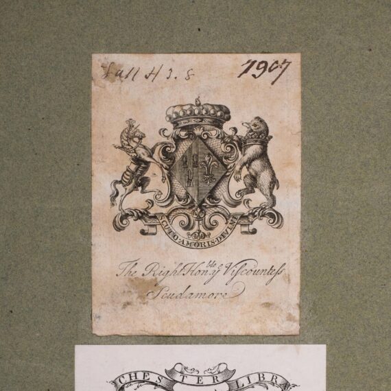 A heraldic bookplate pasted down inside the front cover of Chetham’s Library’s copy of the Third Folio.