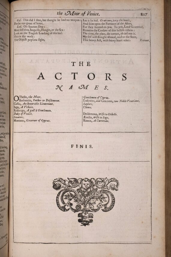 A page from the Third Folio, containing the character list for Othello. The names are listed below a heading that reads ‘The Actors Names’. At the bottom of the page is an elaborate decorative woodblock print.