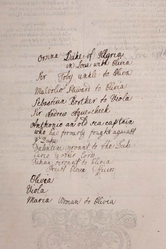 An early handwritten character list for Twelfth Night, copied onto a blank page. At the top of the list are Orsino Duke of Illyria and Sir Toby, and at the bottom are Olivia, Viola, and Maria woman to Olivia.