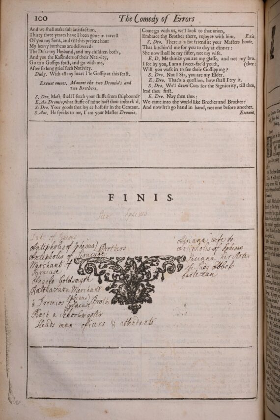 A page from the Third Folio, at the end of The Comedy of Errors. At the bottom of the page is an elaborate decorative woodblock print, around which is an early handwritten character list for the play.