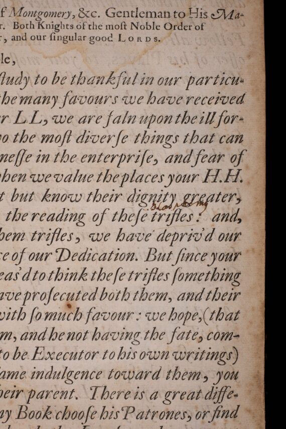 The handwritten word ‘blasphemy’ between the lines of the dedicatory letter, next to the words ‘these trifles’.