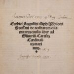 The title page of John Dee’s copy of Agostino Nifo’s Euthici Augustini. The title is printed in a gothic type in lines of decreasing length to form an inverted triangle shape, with a cross at the bottom. Above the title, the words ‘Joannes Dee 1557. 4. Maii. Londini’ have been written in a calligraphic hand in ink.