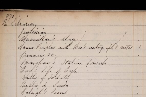 A ruled table containing a list of books written in a cursive hand in ink beneath the sub-heading ‘the Librarian’. The third book on the page is ‘Hanno Periplus with Dee’s autograph and notes’.