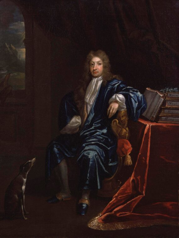 An oil painting of a man sitting on an ornate chair by a desk. He wears a dark teal wrapping gown, a white cravat and a long grey wig. The table is draped in a red fabric, on which rest five books bearing the names ‘Homer’, ‘Virgil’, ‘Horace’, ‘Montague’ and ‘Shakespeare’. A dog sits at the man’s feet, looking up at him.