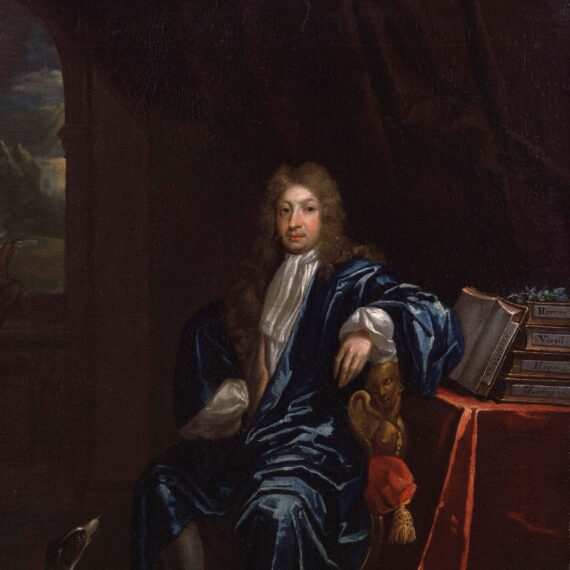An oil painting of a man sitting on an ornate chair by a desk. He wears a dark teal wrapping gown, a white cravat and a long grey wig. The table is draped in a red fabric, on which rest five books bearing the names ‘Homer’, ‘Virgil’, ‘Horace’, ‘Montague’ and ‘Shakespeare’. A dog sits at the man’s feet, looking up at him.