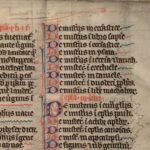 The head of a page from a medieval manuscript. Gothic script in black ink fills two columns, listing the text’s chapters, with alternating flourished letters in red and blue ink. At the beginning of the first column and halfway down the second are two lines of rubrication in gothic script. At the very head of the page, a cursive hand has written ‘Laurentius Vause grammatice magister me possidet’ in a lighter ink.