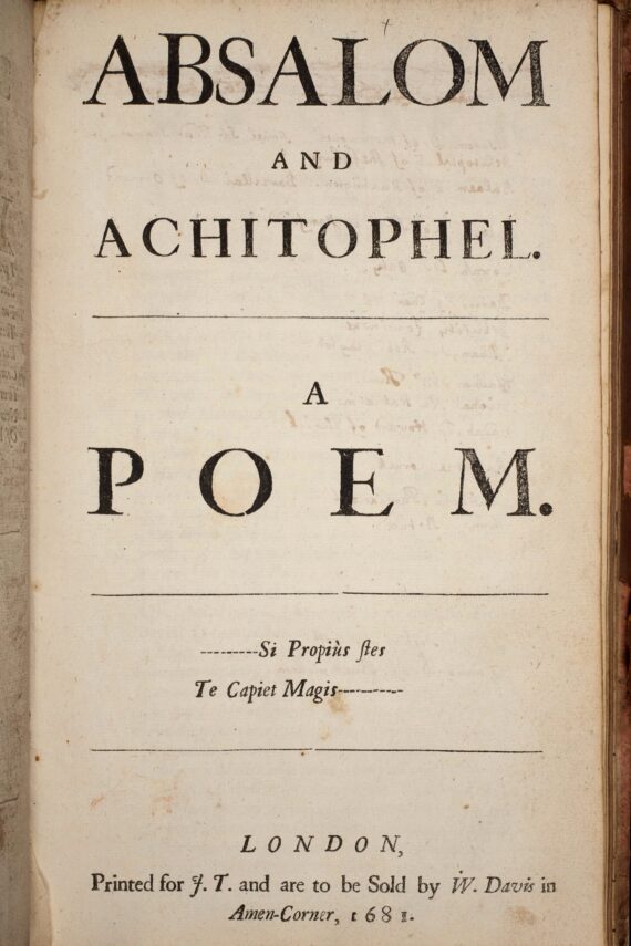 A printed title page divided by horizontal lines, with bold capitals reading ‘Absalom and Achitophel: A Poem’. The name of the author is not included. The book’s imprint is at the foot of the page.