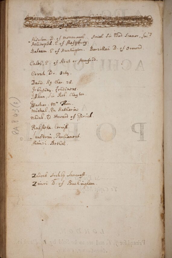 An early handwritten key to the characters on a blank page in John Dryden’s Absalom and Achitophel. The title of the book is visible in reverse from the other side of the page.