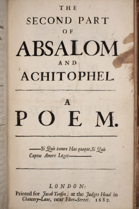 A printed title page divided by horizontal lines, with bold capitals reading ‘The Second Part of Absalom and Achitophel: A Poem’. The names of the authors are not included. The book’s imprint is at the foot of the page.