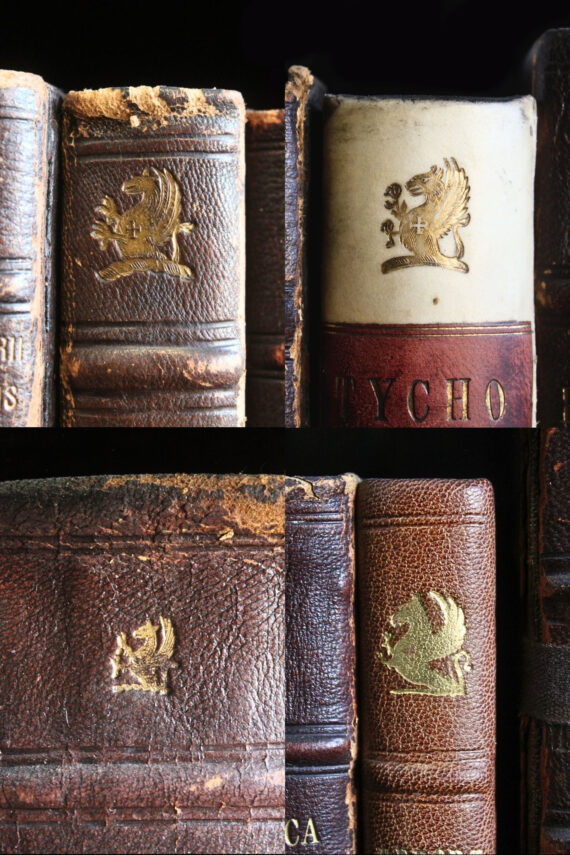 An image comprised of four smaller images arranged in quadrants. Each of the smaller images show the top of the spine of a book bound in brown leather (except for the top right image, in which the book is bound in vellum) with different variants of the library’s griffin stamp