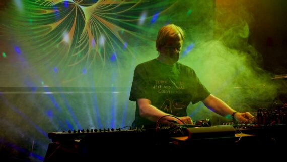 Musician Mark Jenkins playing the Moog Sythesizer